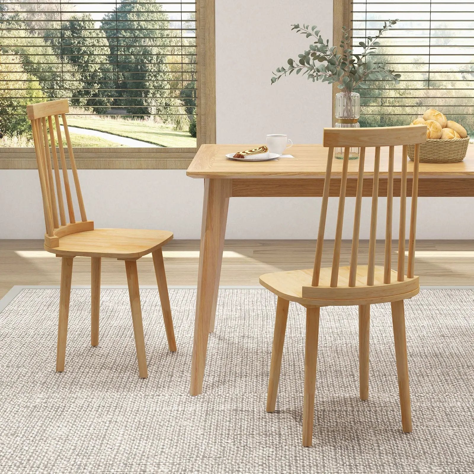 Windsor Dining Chairs Set of 2 with High Spindle Back and Natural Rubber Wood Legs for Dining Room Living Room-Natural by DirectDeals