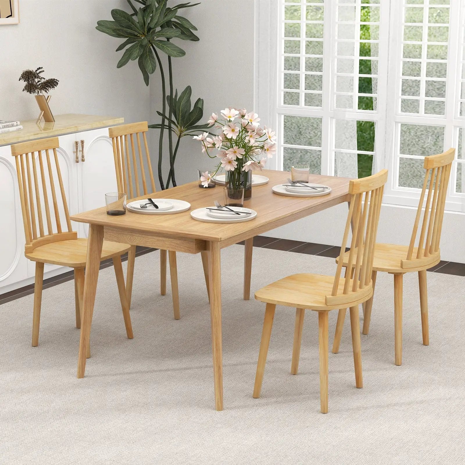 Windsor Dining Chairs Set of 2 with High Spindle Back and Natural Rubber Wood Legs for Dining Room Living Room-Natural by DirectDeals