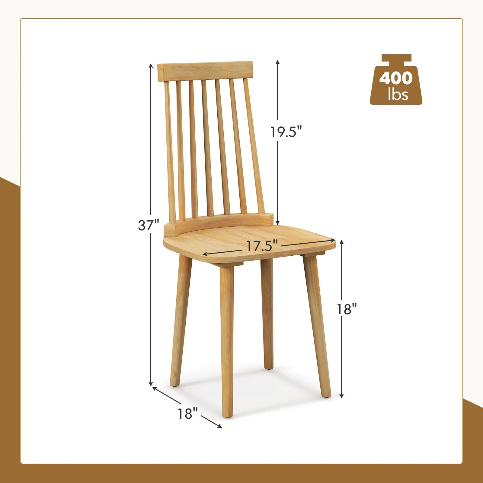 Windsor Dining Chairs Set of 2 with High Spindle Back and Natural Rubber Wood Legs for Dining Room Living Room-Natural by DirectDeals