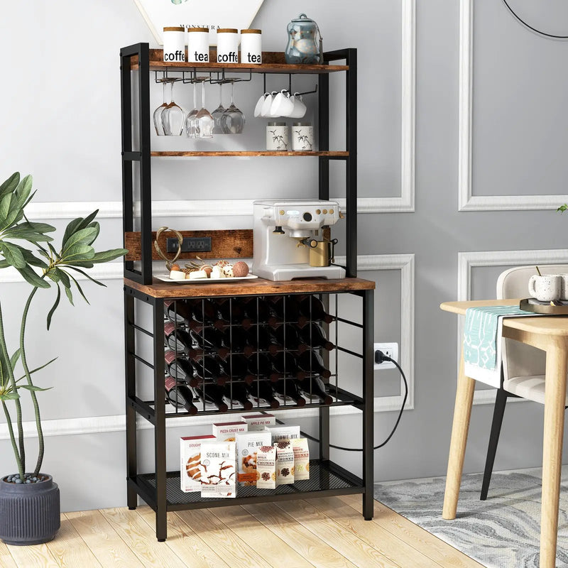 Wine Bar Cabinet Wine Rack with 4 Tier Storage Shelves and Glass Holders-Brown by DirectDeals