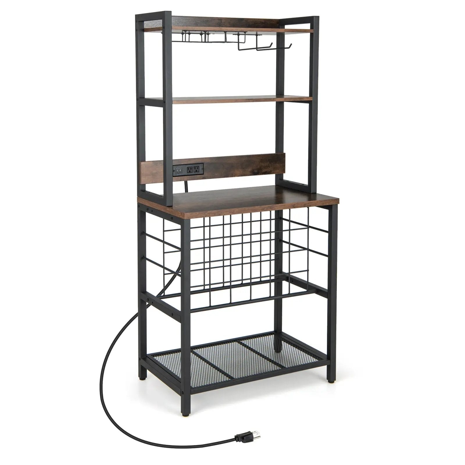 Wine Bar Cabinet Wine Rack with 4 Tier Storage Shelves and Glass Holders-Brown by DirectDeals