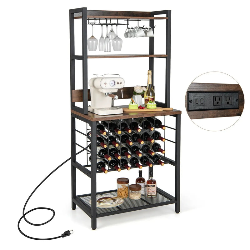 Wine Bar Cabinet Wine Rack with 4 Tier Storage Shelves and Glass Holders-Brown by DirectDeals