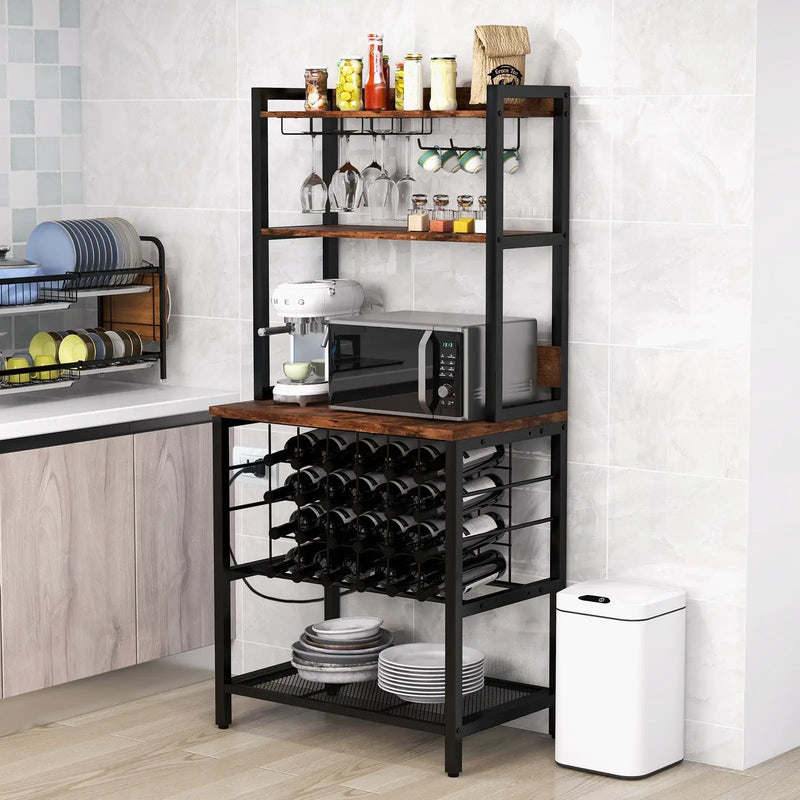 Wine Bar Cabinet Wine Rack with 4 Tier Storage Shelves and Glass Holders-Brown by DirectDeals