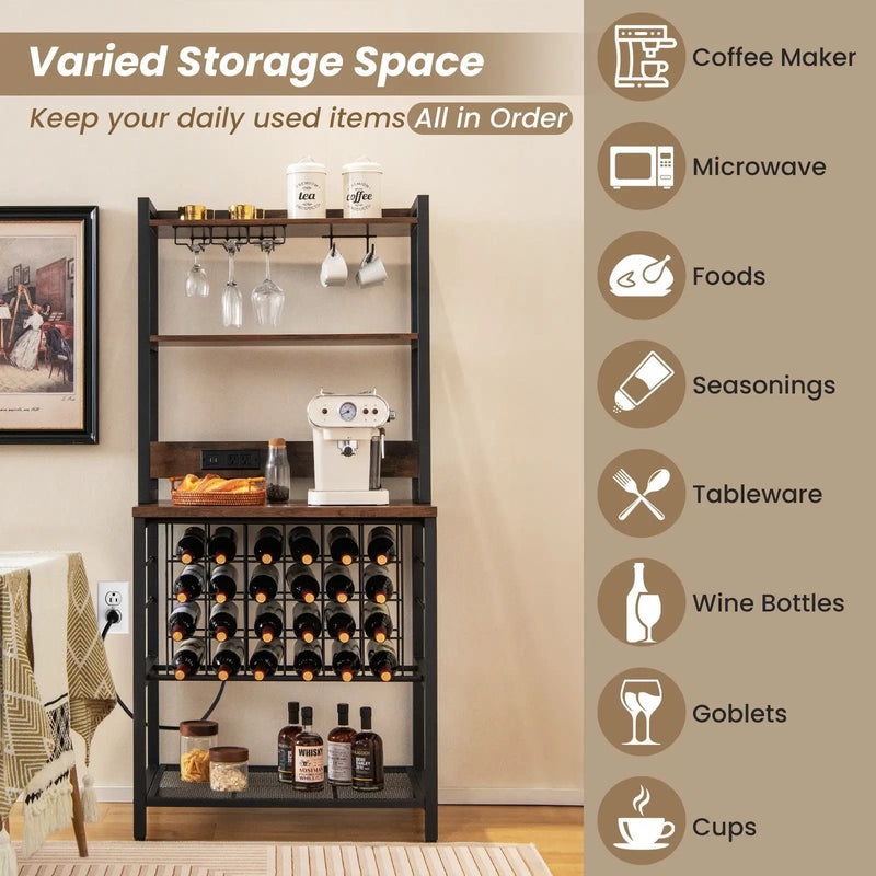 Wine Bar Cabinet Wine Rack with 4 Tier Storage Shelves and Glass Holders-Brown by DirectDeals