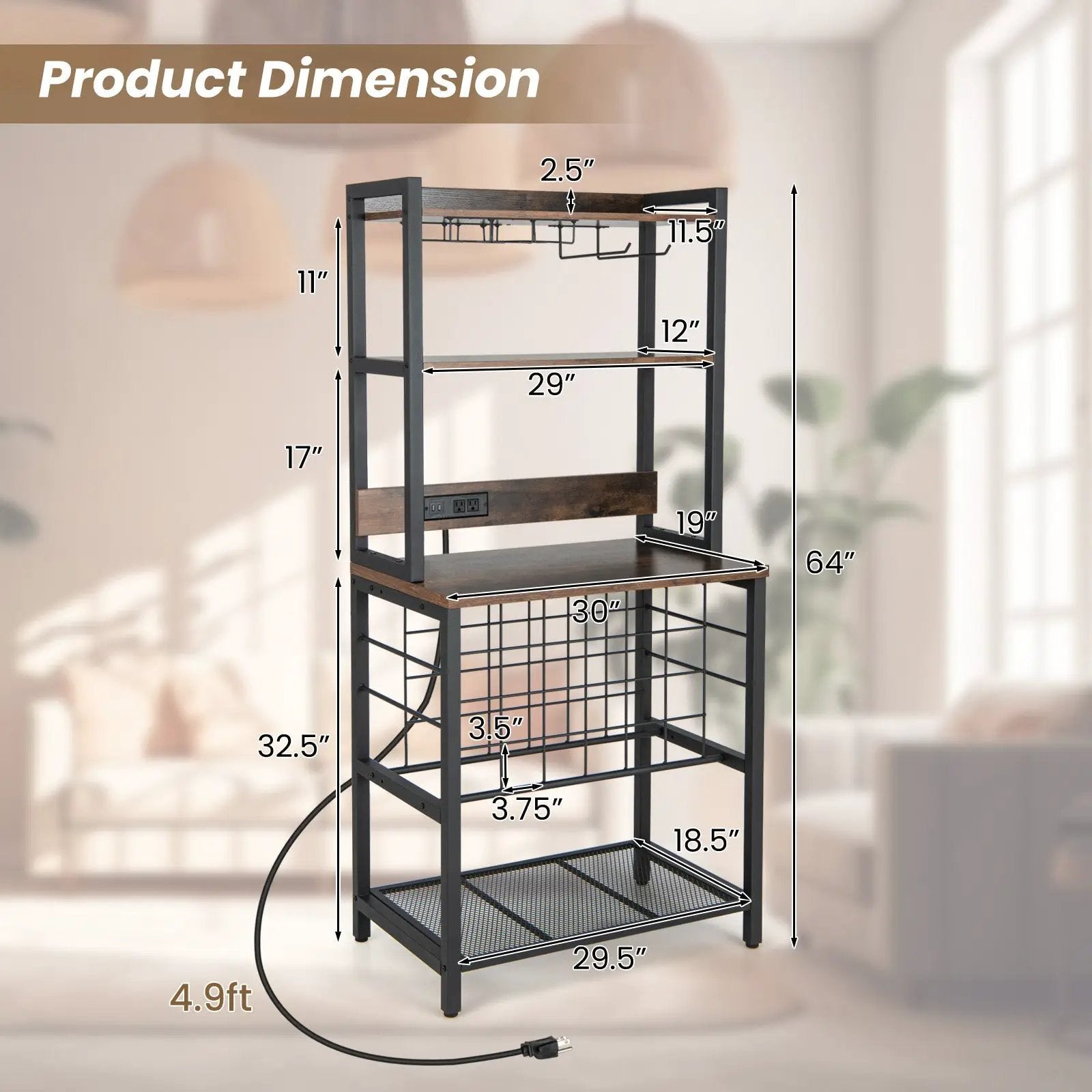 Wine Bar Cabinet Wine Rack with 4 Tier Storage Shelves and Glass Holders-Brown by DirectDeals