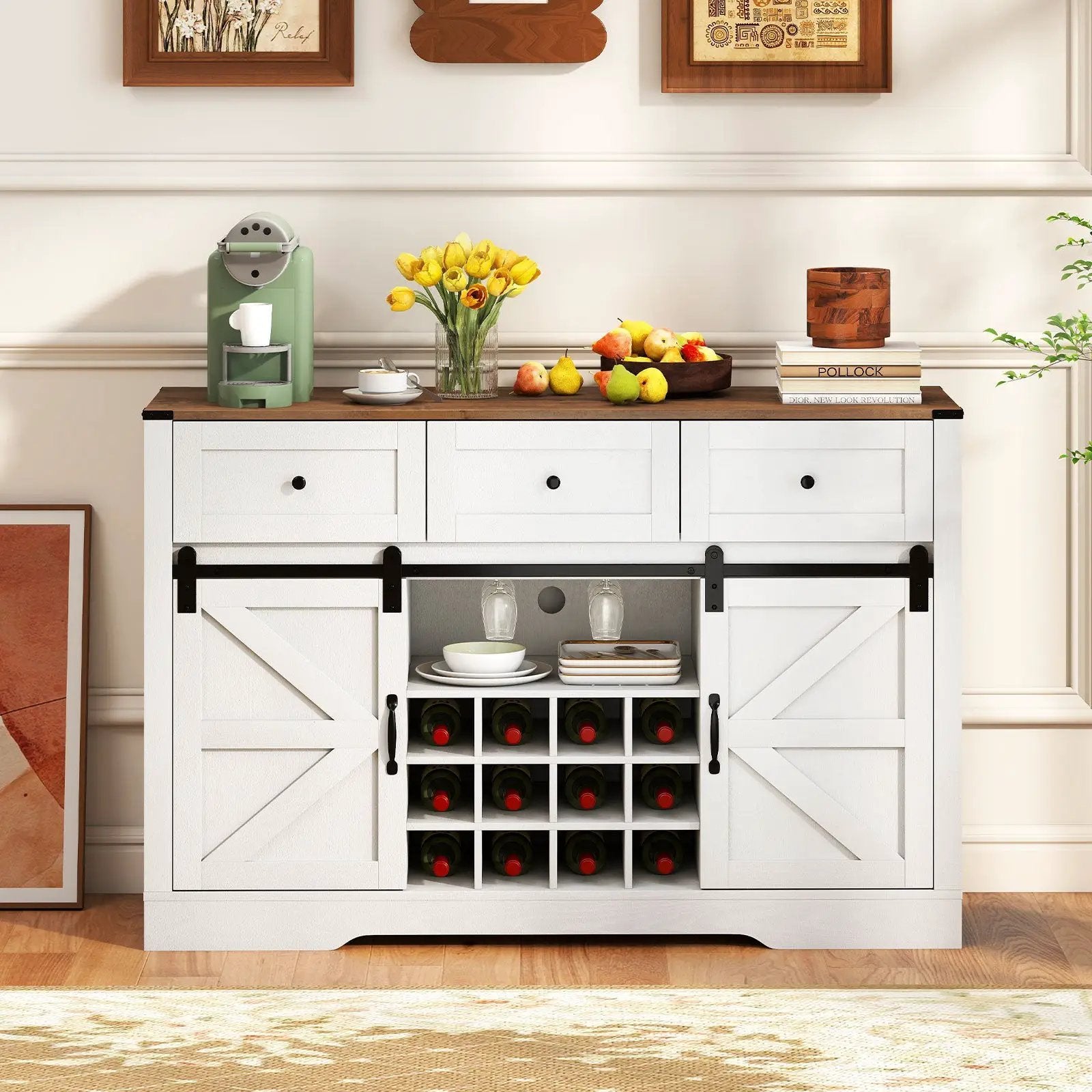 52 Inches Wine Bar Cabinet with LED Lights and Sliding Barn Doors by DirectDeals
