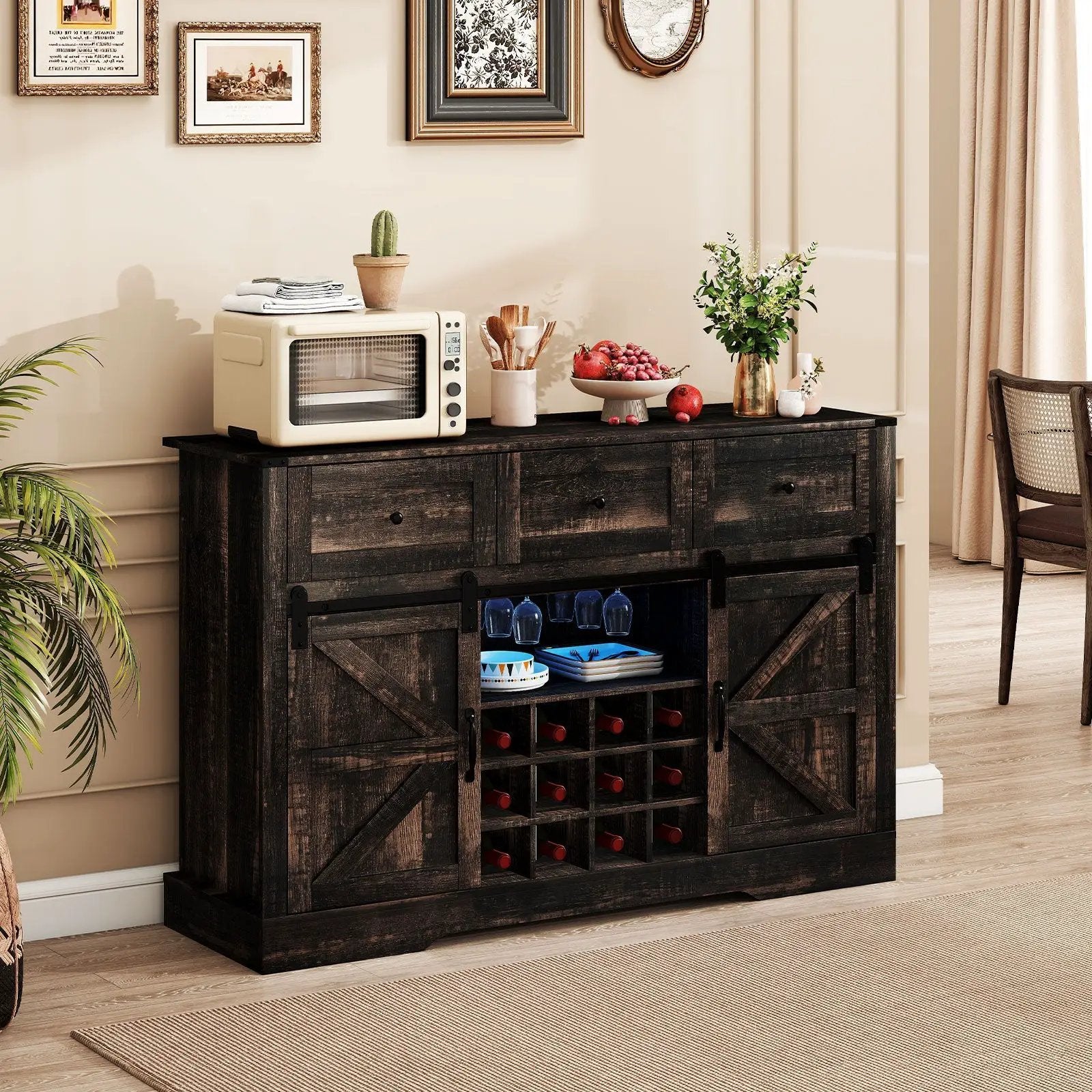 52 Inches Wine Bar Cabinet with LED Lights and Sliding Barn Doors by DirectDeals