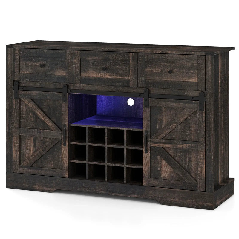 52 Inches Wine Bar Cabinet with LED Lights and Sliding Barn Doors by DirectDeals