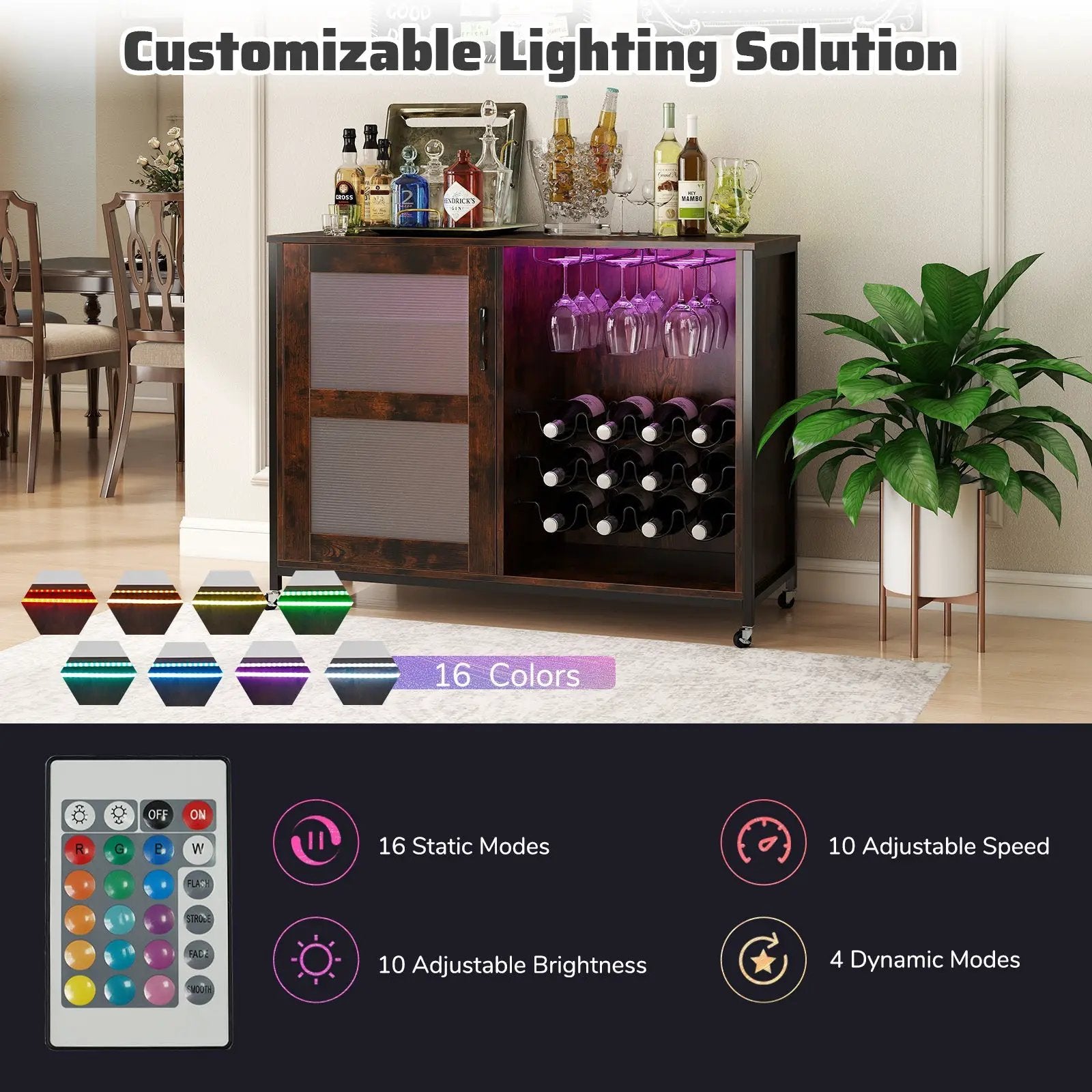 Wine Bar Cabinet with LED Light and Adjustable Shelves-Rustic Brown by DirectDeals