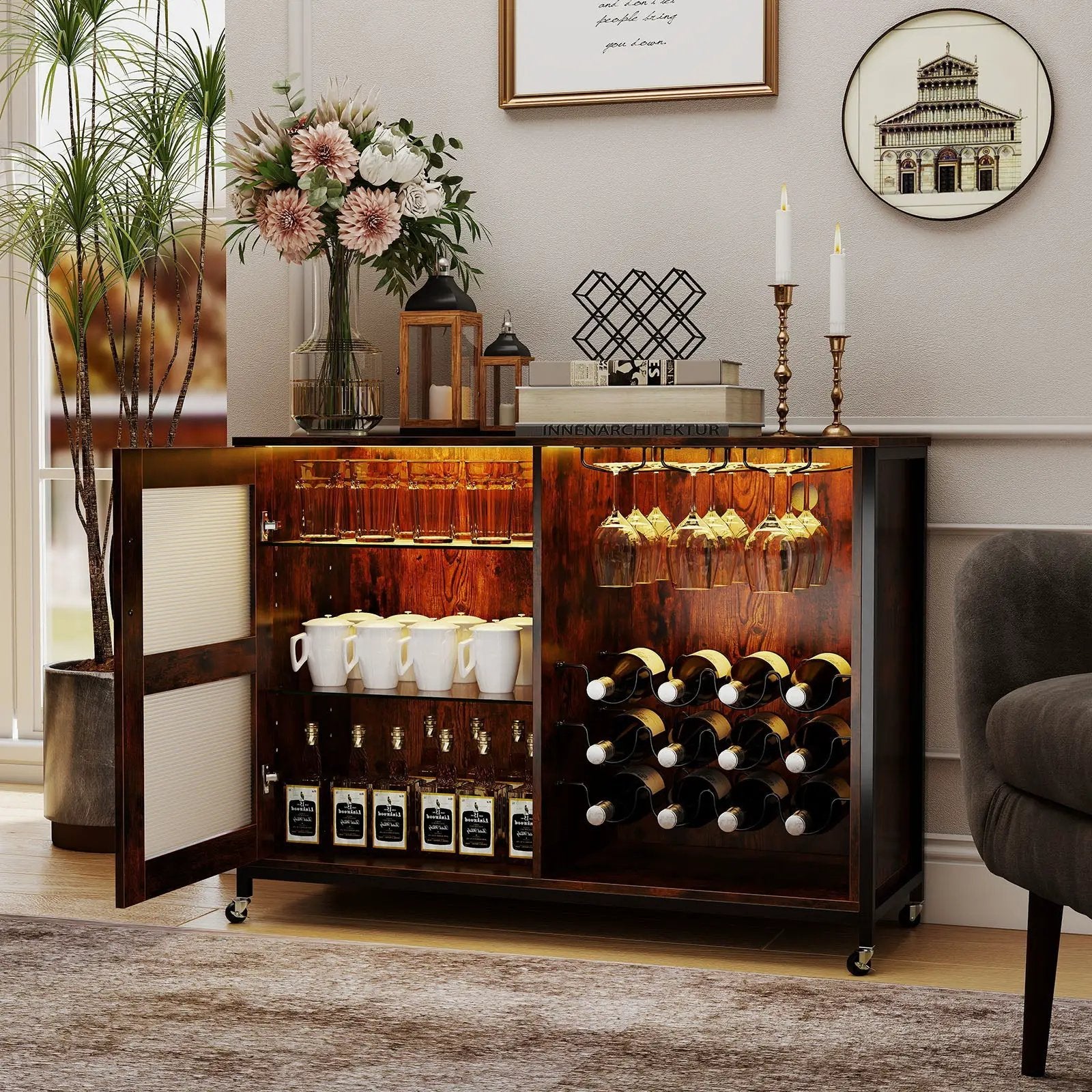 Wine Bar Cabinet with LED Light and Adjustable Shelves-Rustic Brown by DirectDeals
