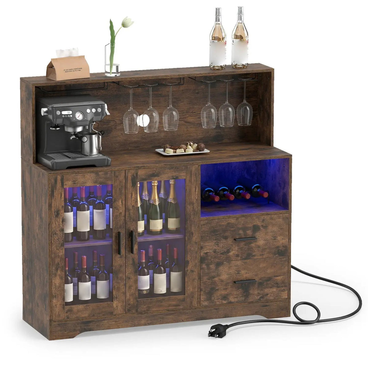 Wine Bar Cabinet with LED Lights and Charging Station by DirectDeals