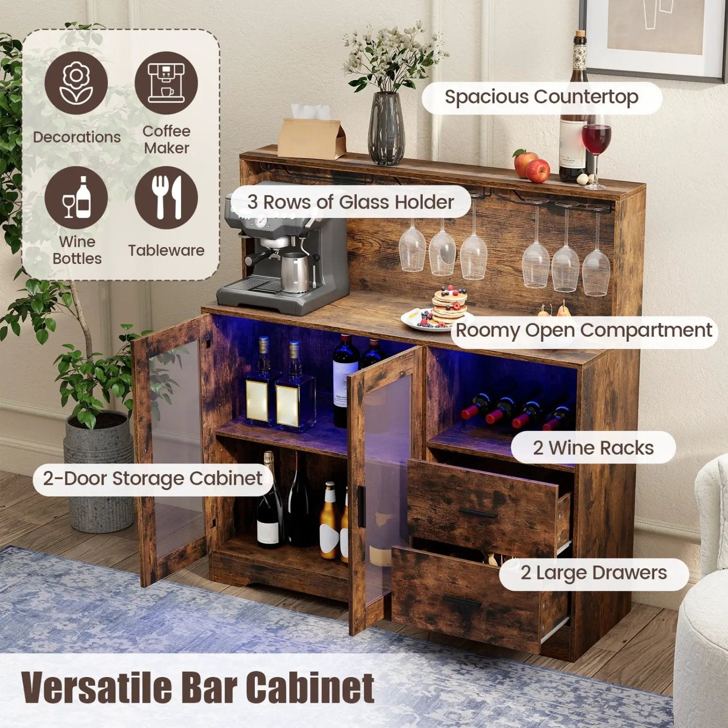 Wine Bar Cabinet with LED Lights and Charging Station by DirectDeals