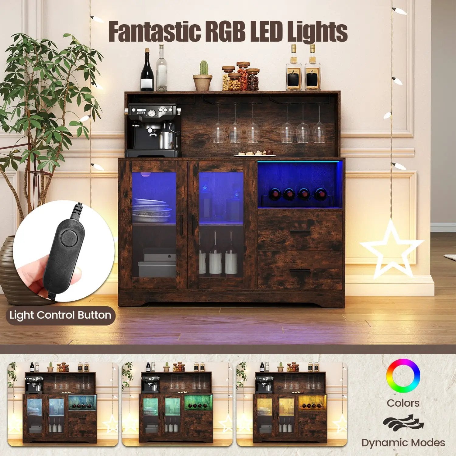 Wine Bar Cabinet with LED Lights and Charging Station by DirectDeals