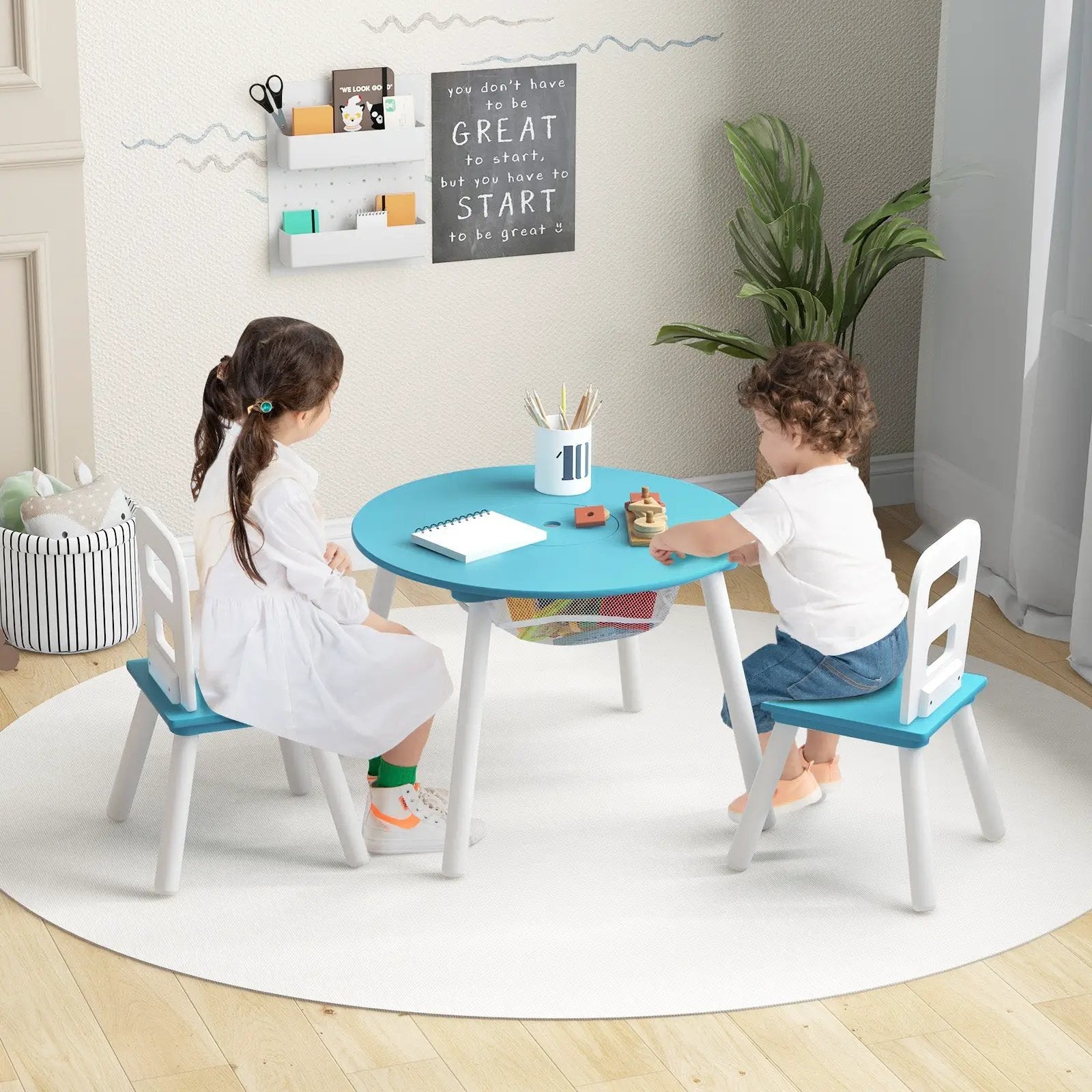 Kids Table and Chair Set with Mesh Storage - 3 Piece by DirectDeals