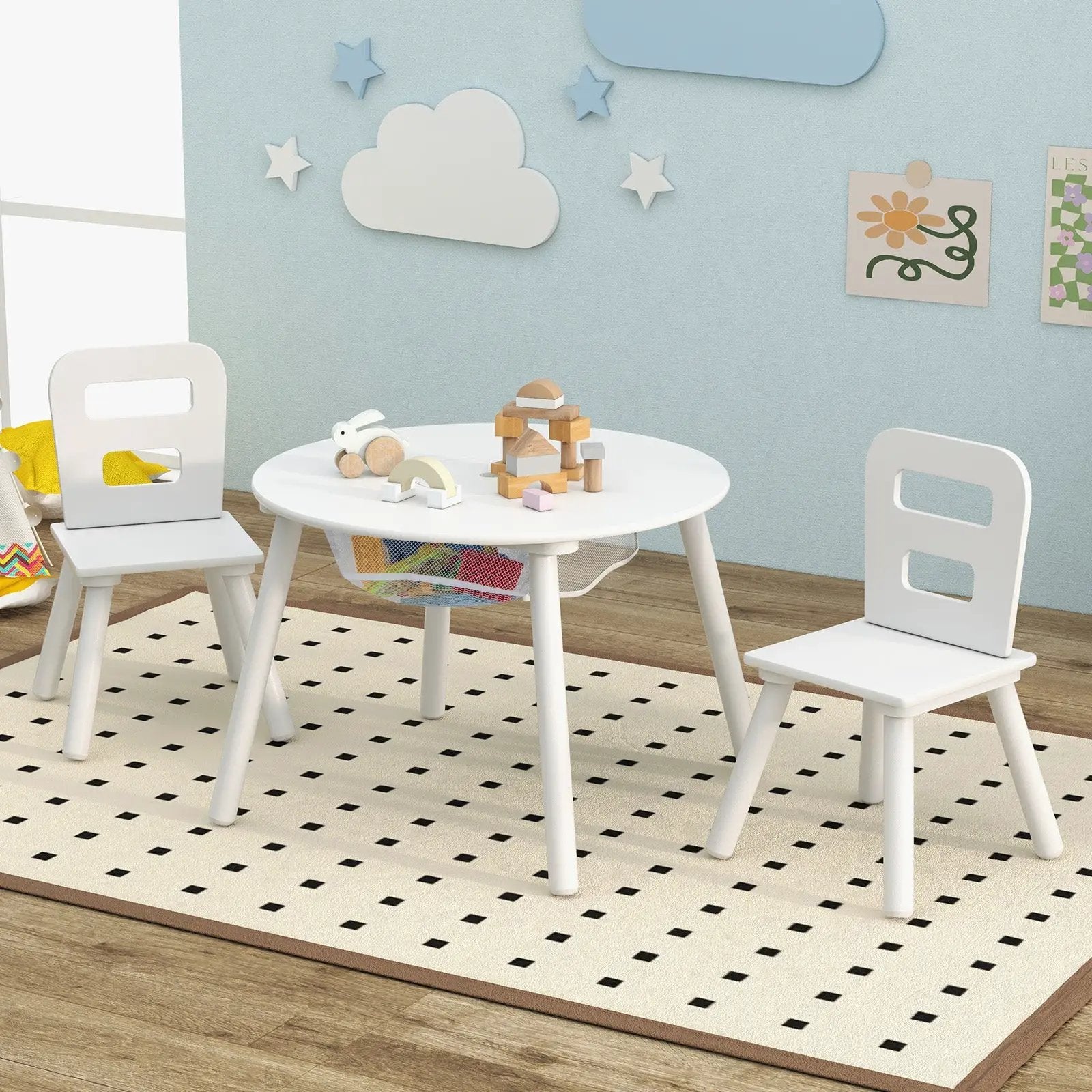 Wood Activity Kids Table and Chair Set with Center Mesh Storage-White by DirectDeals