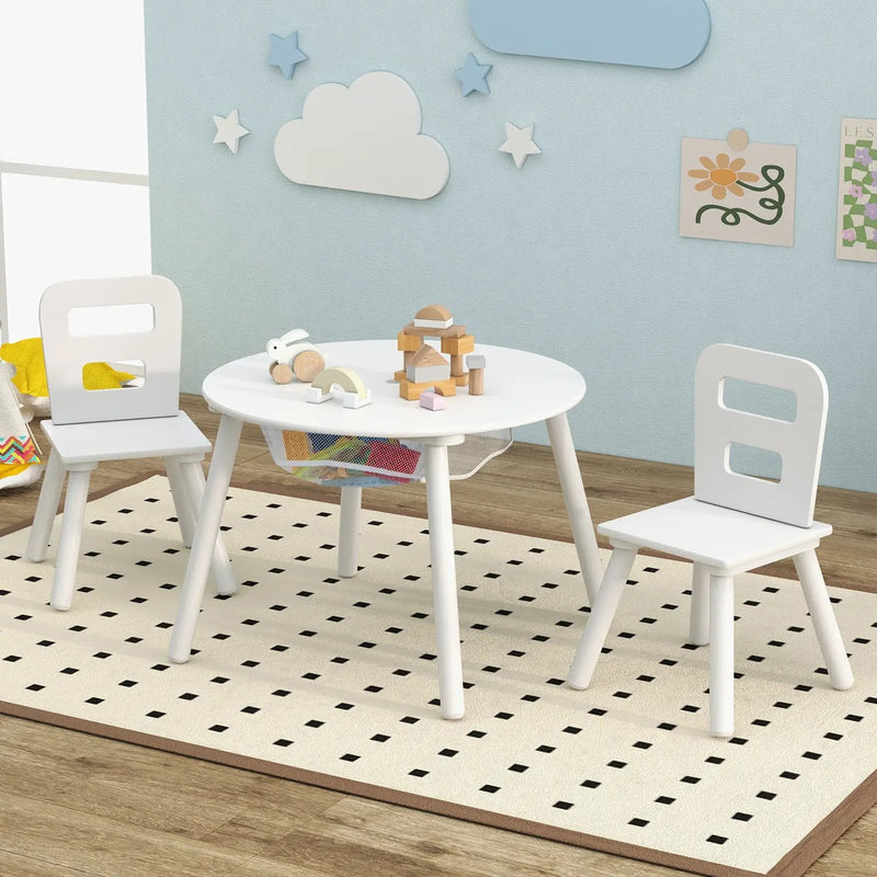 Wood Activity Kids Table and Chair Set with Center Mesh Storage-White by DirectDeals