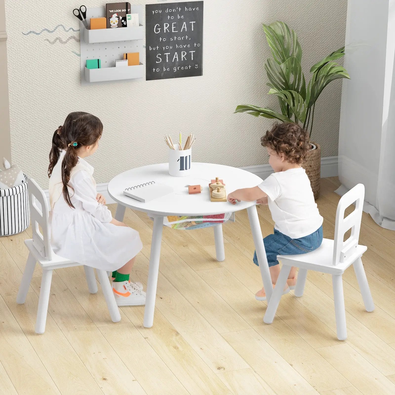 Wood Activity Kids Table and Chair Set with Center Mesh Storage-White by DirectDeals
