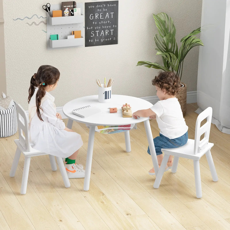 Wood Activity Kids Table and Chair Set with Center Mesh Storage-White by DirectDeals