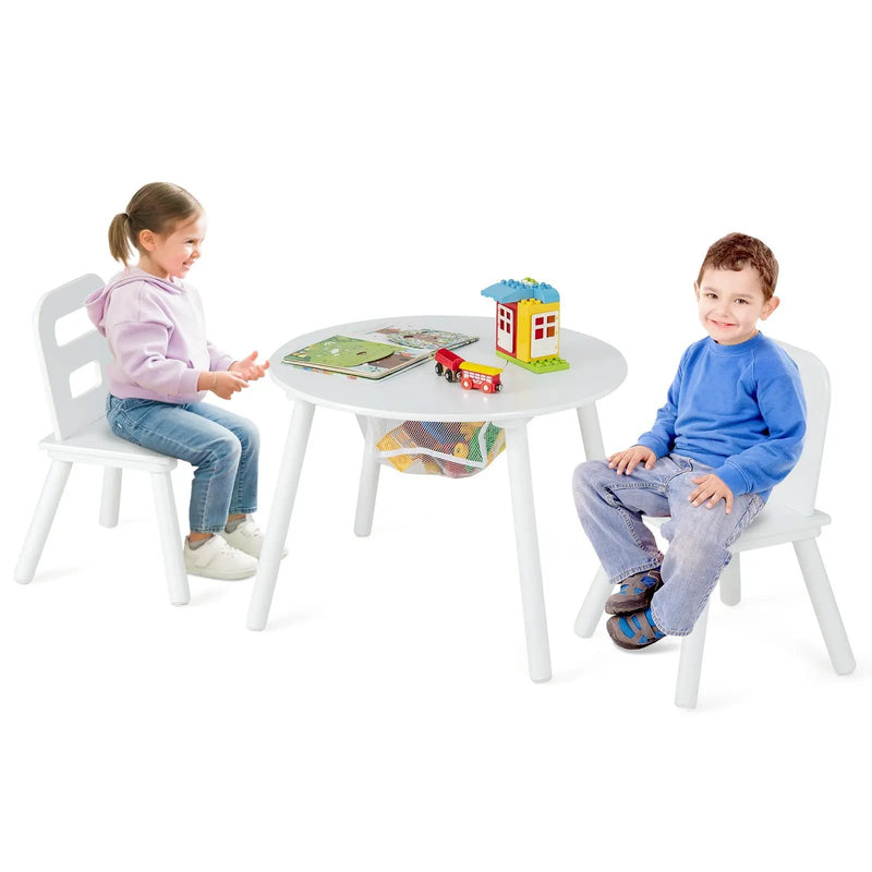 Wood Activity Kids Table and Chair Set with Center Mesh Storage-White by DirectDeals