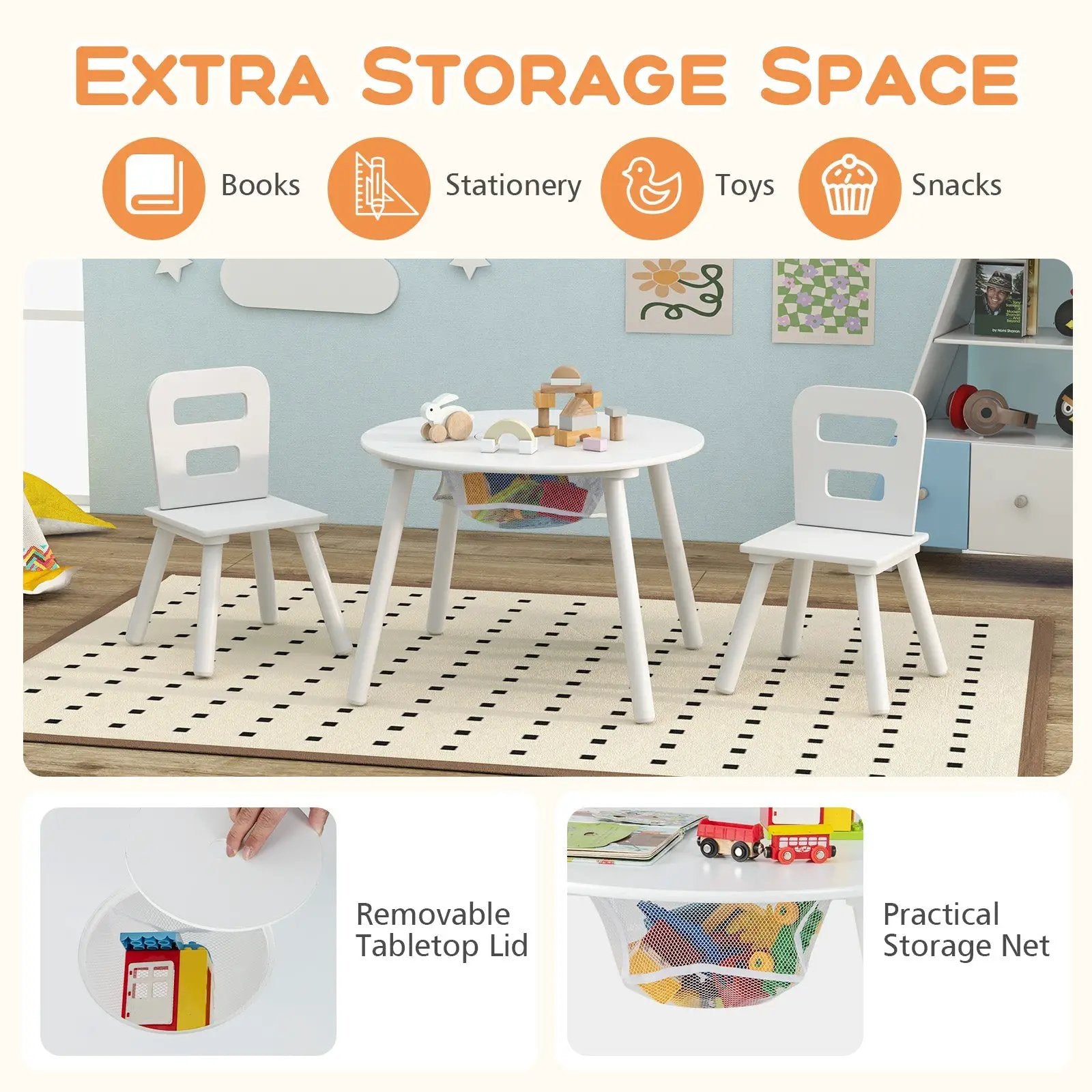 Wood Activity Kids Table and Chair Set with Center Mesh Storage-White by DirectDeals
