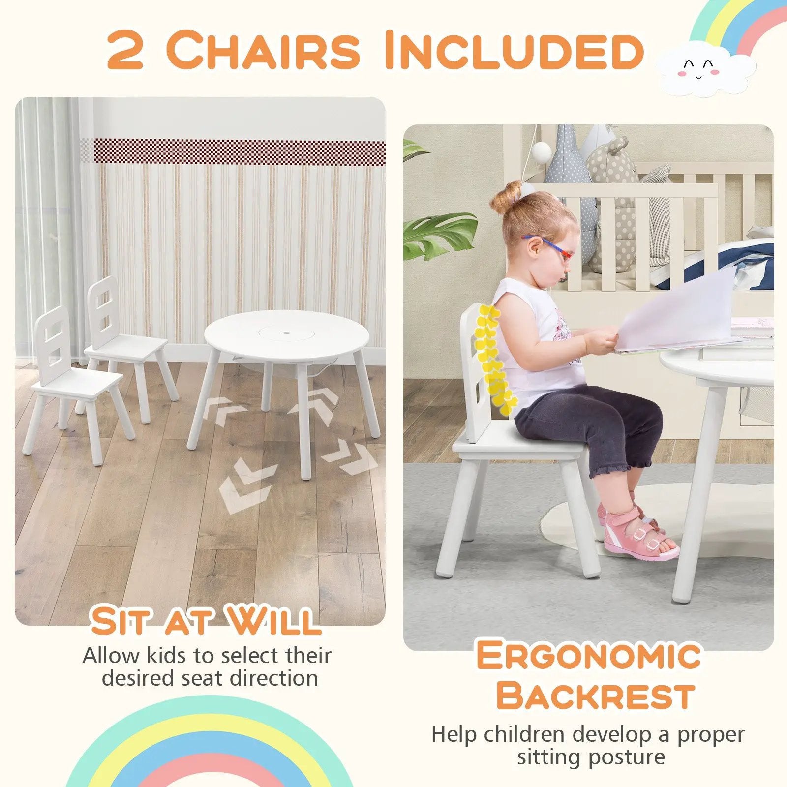 Wood Activity Kids Table and Chair Set with Center Mesh Storage-White by DirectDeals