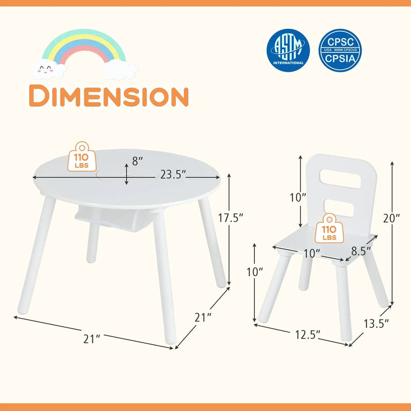 Wood Activity Kids Table and Chair Set with Center Mesh Storage-White by DirectDeals