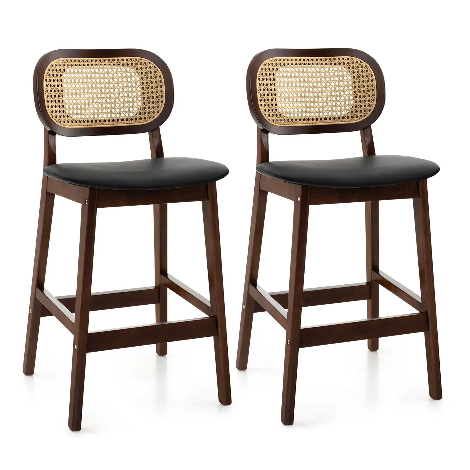 Wood Bar Chairs with PE Rattan Backrest Padded Seat and Footrest-Brown by DirectDeals