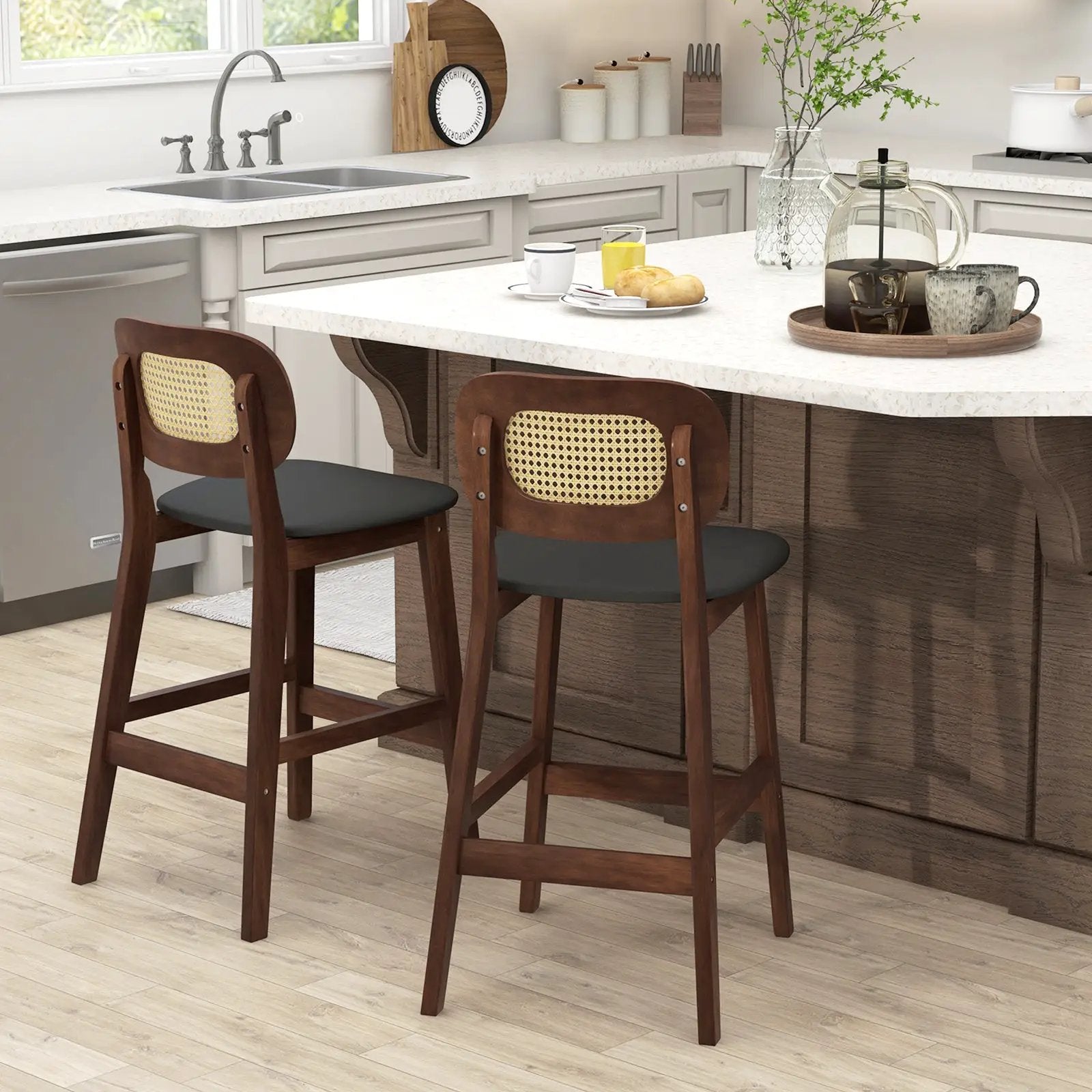 Wood Bar Chairs with PE Rattan Backrest Padded Seat and Footrest-Brown by DirectDeals
