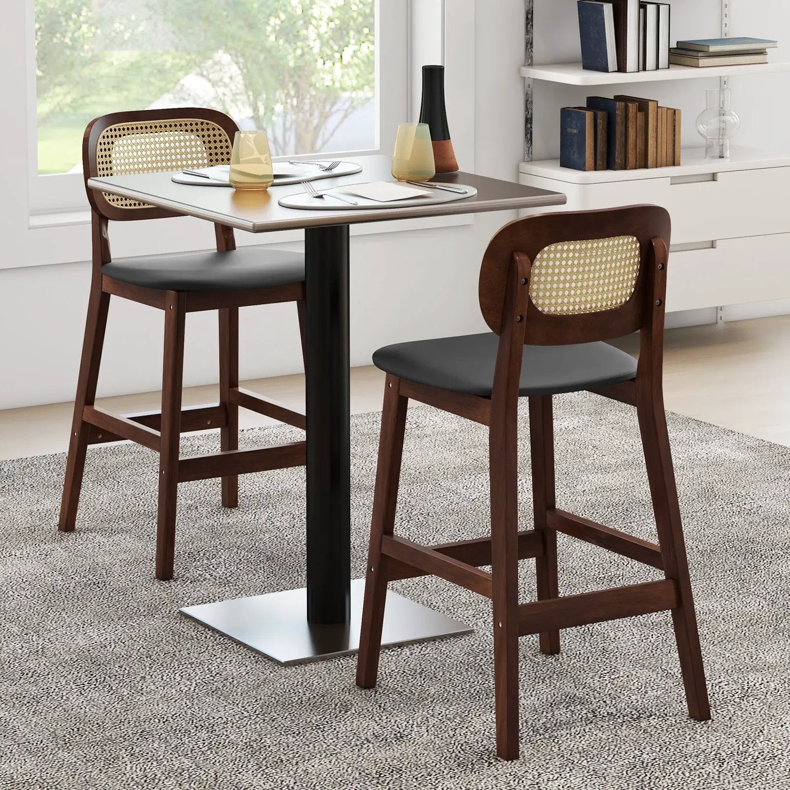 Wood Bar Chairs with PE Rattan Backrest Padded Seat and Footrest-Brown by DirectDeals