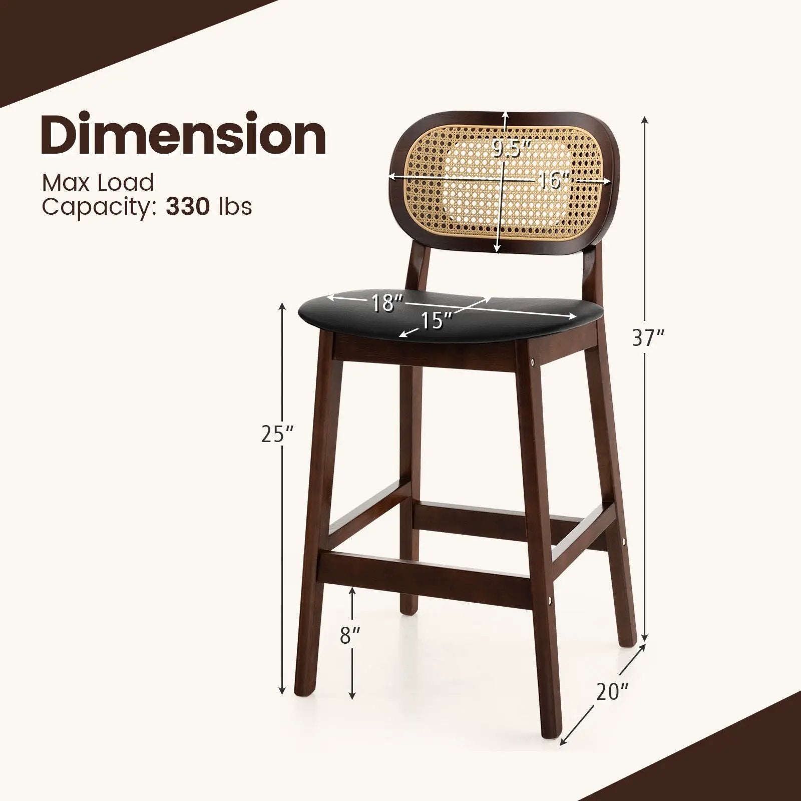 Wood Bar Chairs with PE Rattan Backrest Padded Seat and Footrest-Brown by DirectDeals