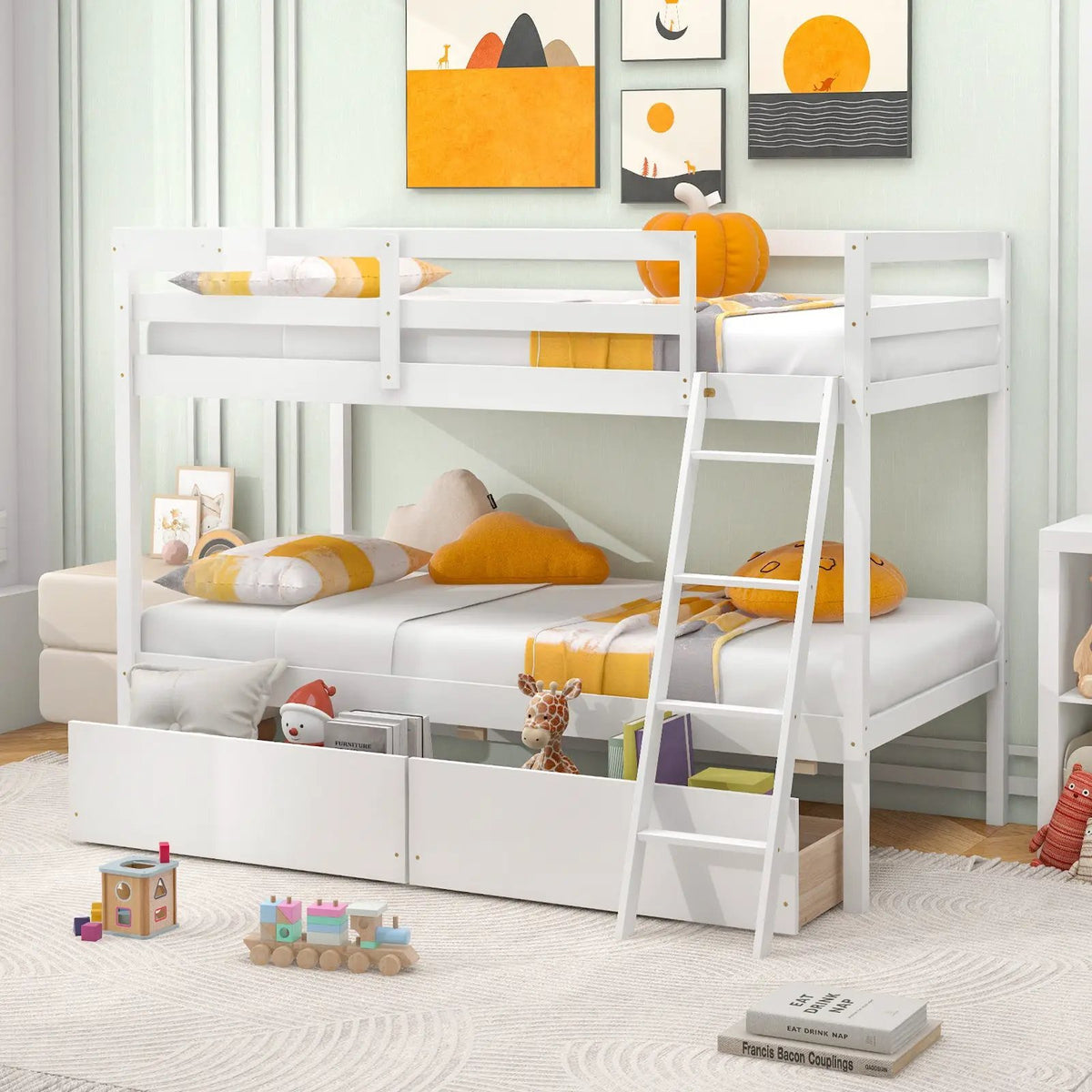 Twin Over Twin Bunk Bed Wood Bed Frame with 2 Storage Drawers and Ladder, photo 5 of 9