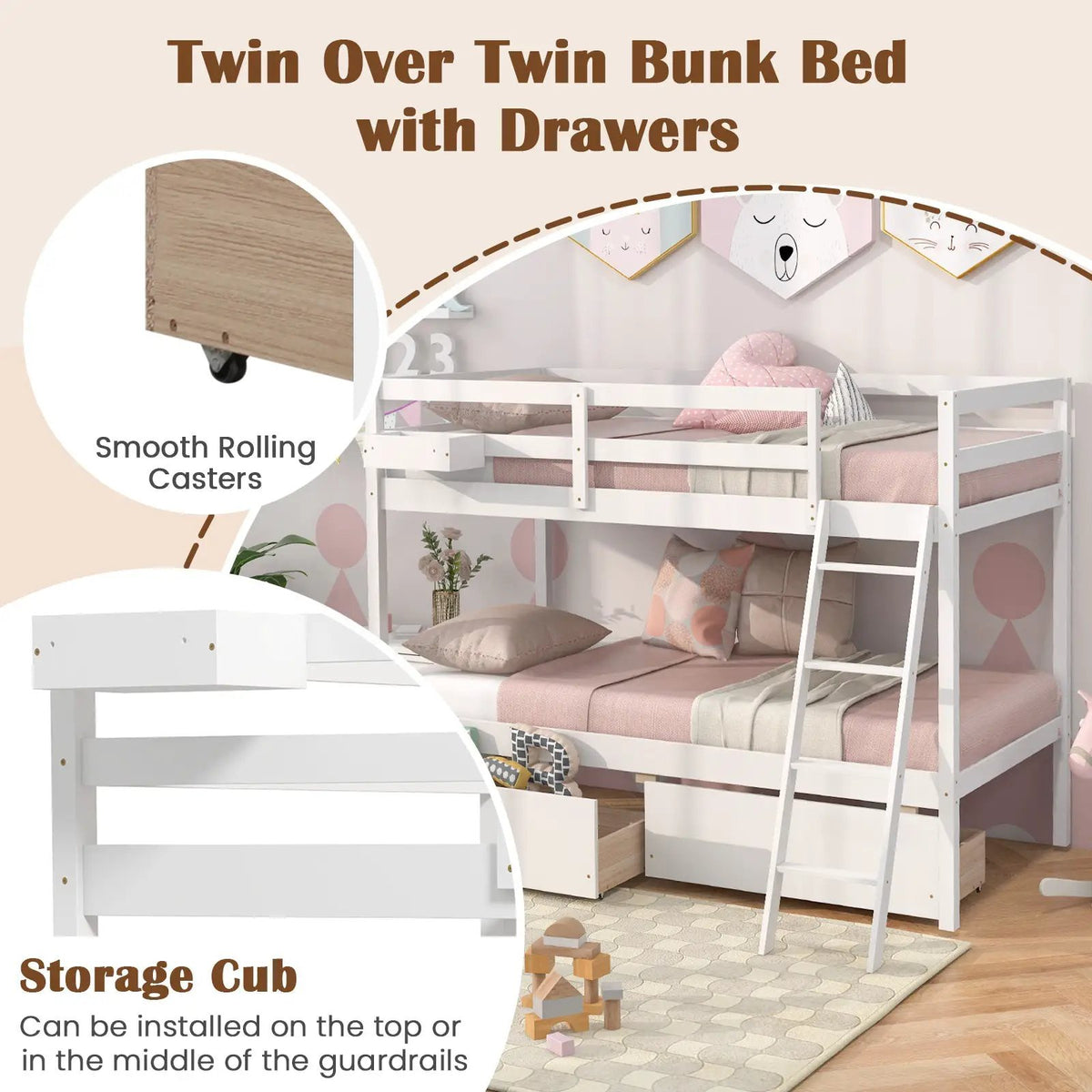 Twin Over Twin Bunk Bed Wood Bed Frame with 2 Storage Drawers and Ladder, photo 8 of 9