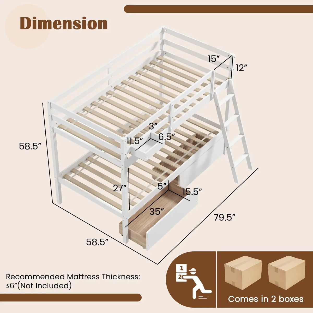 Twin Over Twin Bunk Bed Wood Bed Frame with 2 Storage Drawers and Ladder, photo 4 of 9