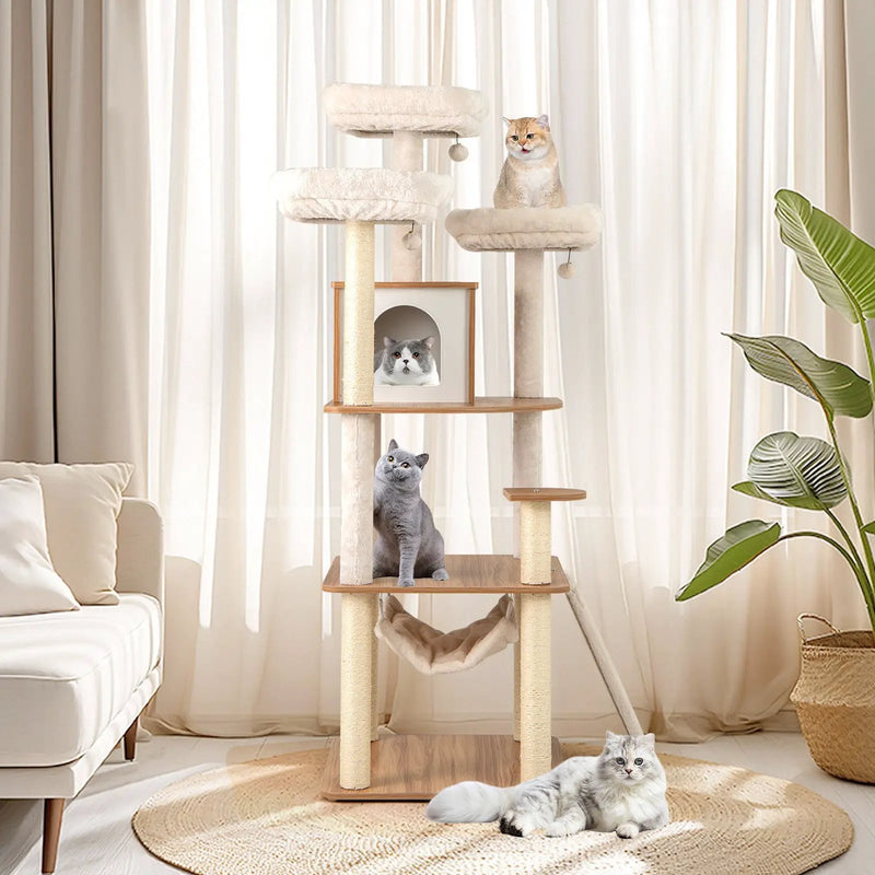 68 Inch Tall Cat Tree with 3 Padded Perches Condo and Sisal Scratching Posts-Natural by DirectDeals