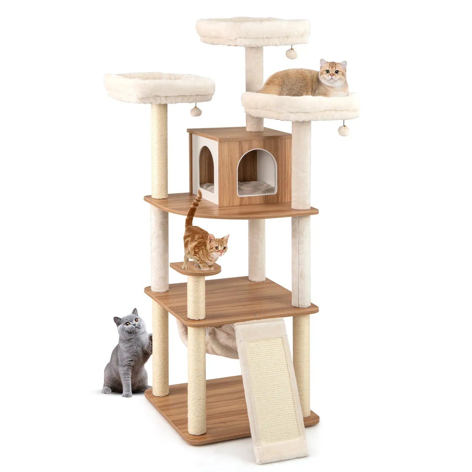 68 Inch Tall Cat Tree with 3 Padded Perches Condo and Sisal Scratching Posts-Natural by DirectDeals