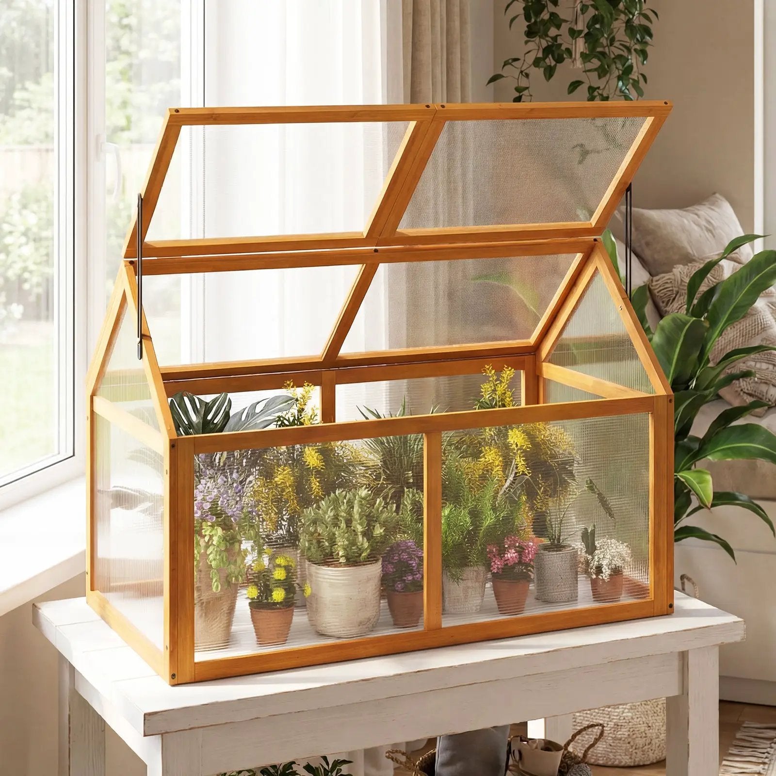 Wood Cold Frame Greenhouse Raised Flower Planter Protection with Adjustable Roof-Orange by DirectDeals