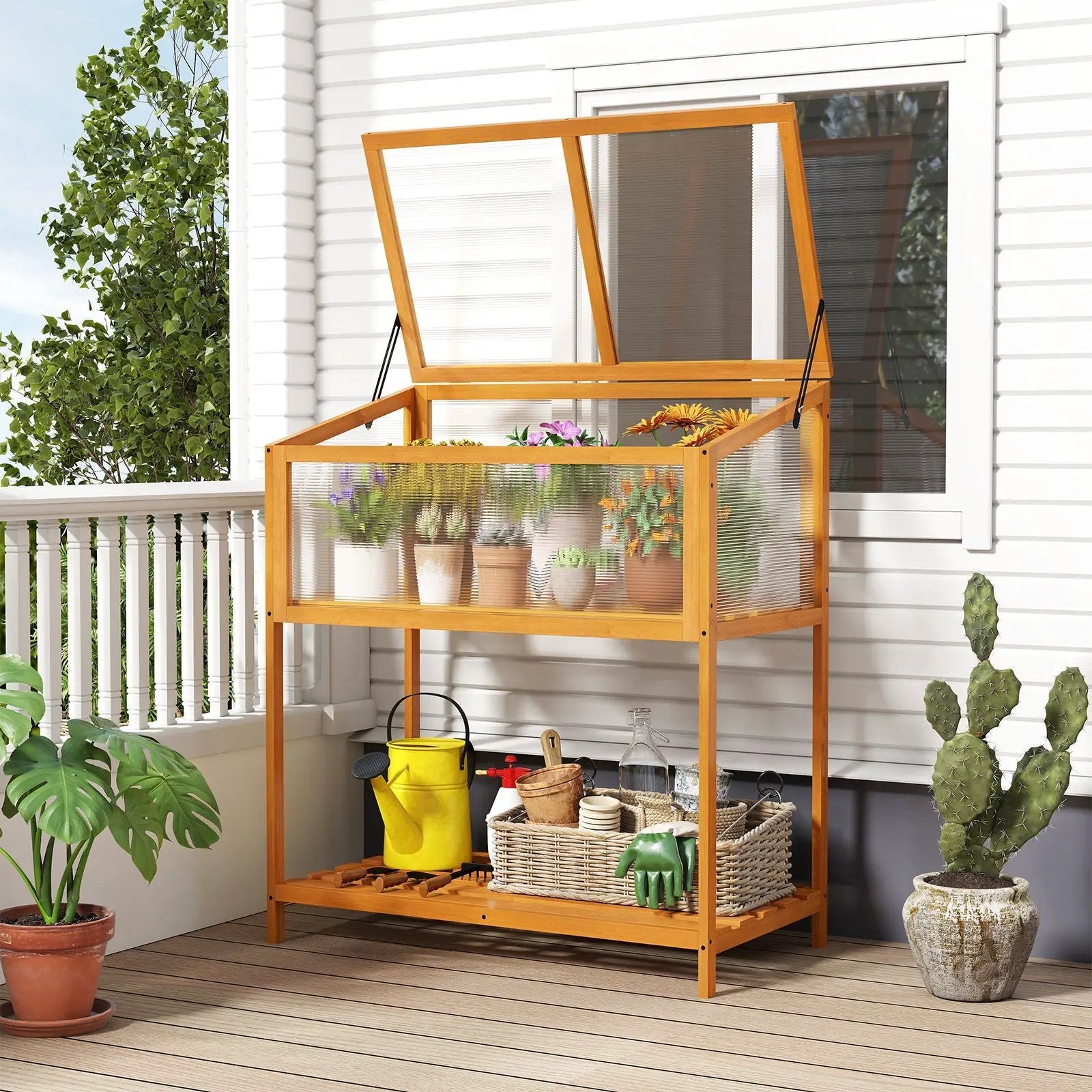 Wood Cold Frame Greenhouse with Transparent Openable Roof and Slatted Storage Shelf-Orange by DirectDeals
