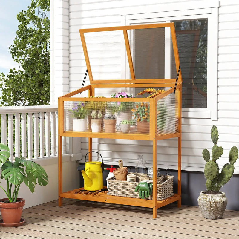 Wood Cold Frame Greenhouse with Transparent Openable Roof and Slatted Storage Shelf-Orange by DirectDeals