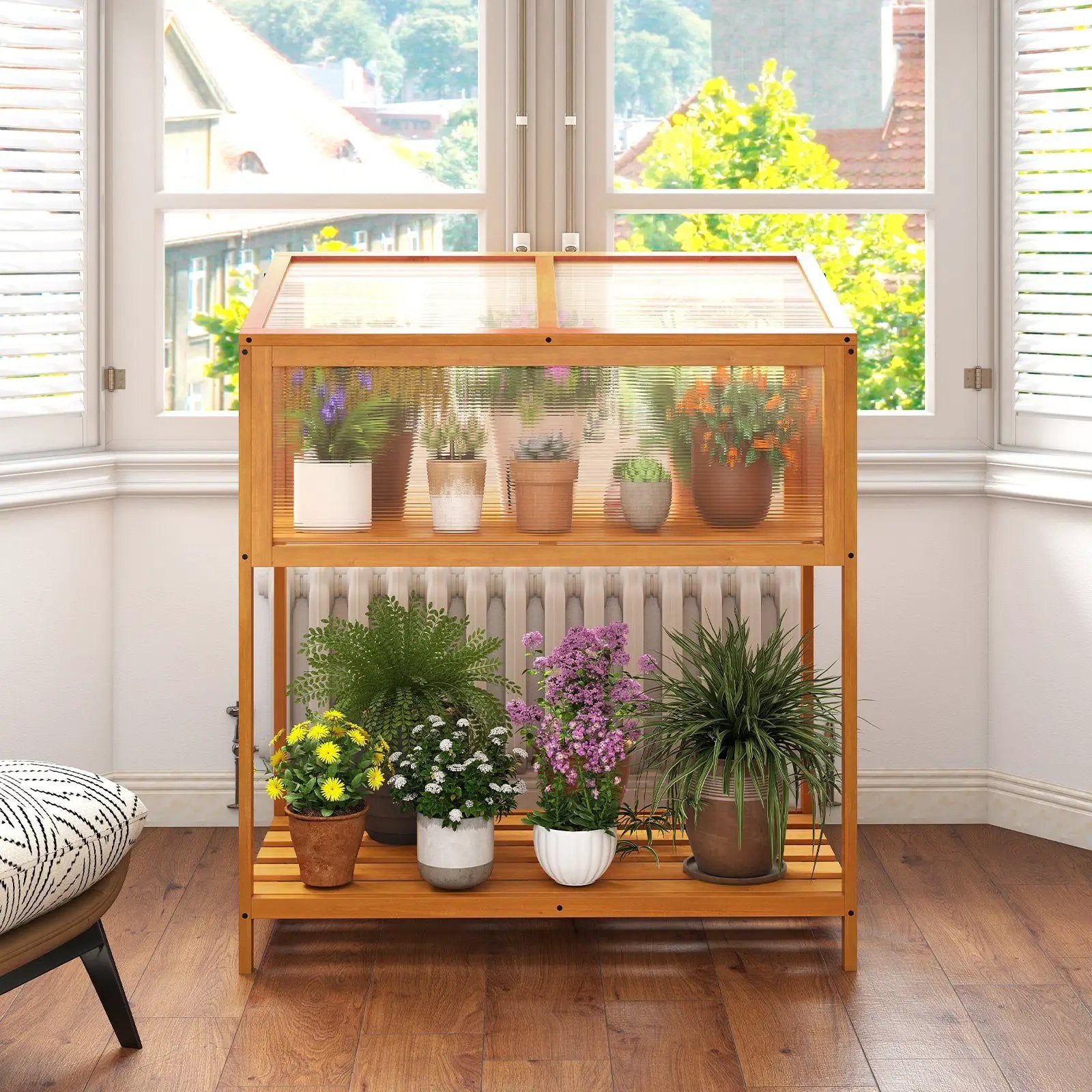 Wood Cold Frame Greenhouse with Transparent Openable Roof and Slatted Storage Shelf-Orange by DirectDeals