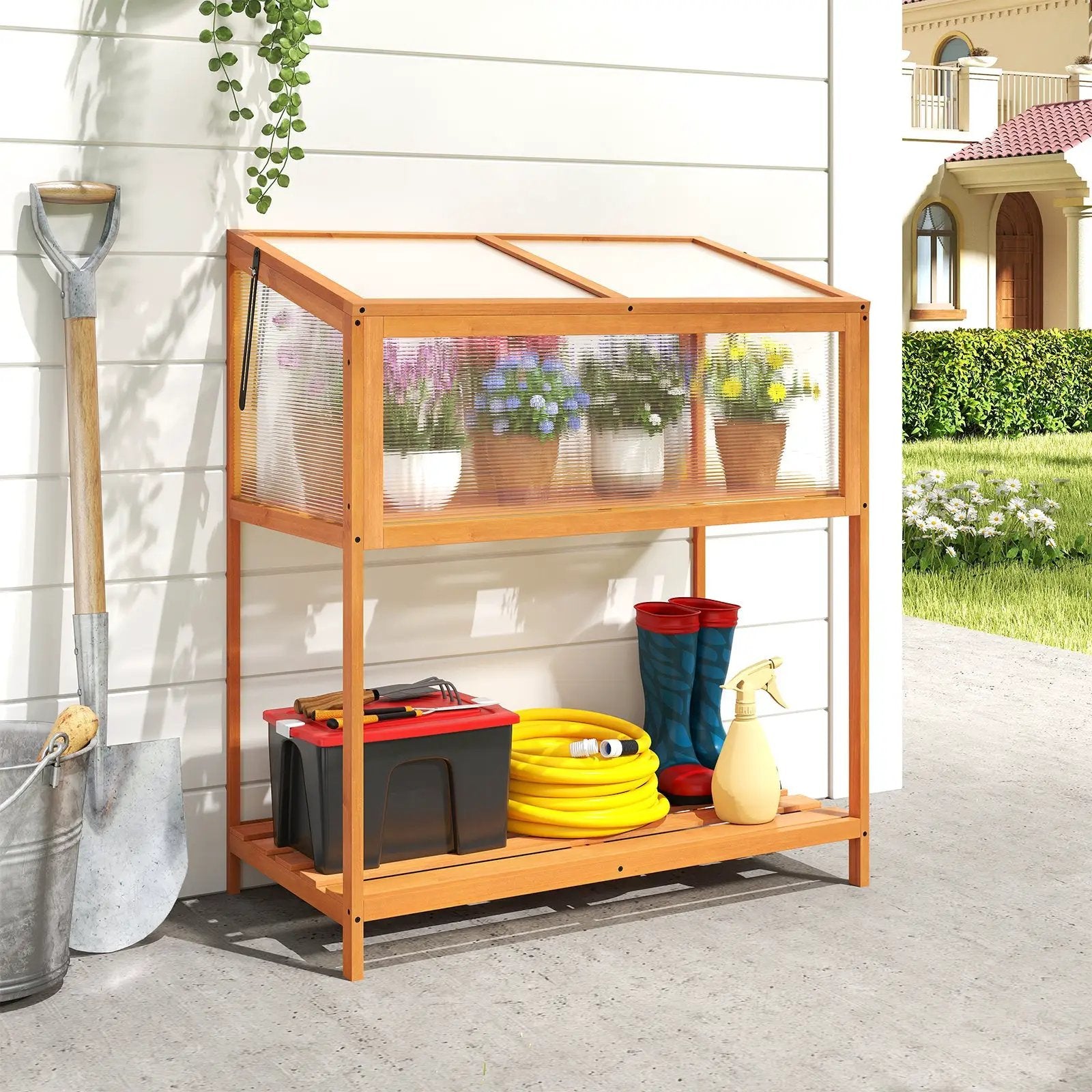 Wood Cold Frame Greenhouse with Transparent Openable Roof and Slatted Storage Shelf-Orange by DirectDeals