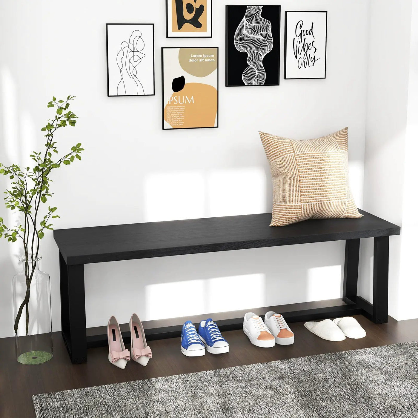 Wood Dining Bench with Metal Frame and Adjustable Footpads by DirectDeals