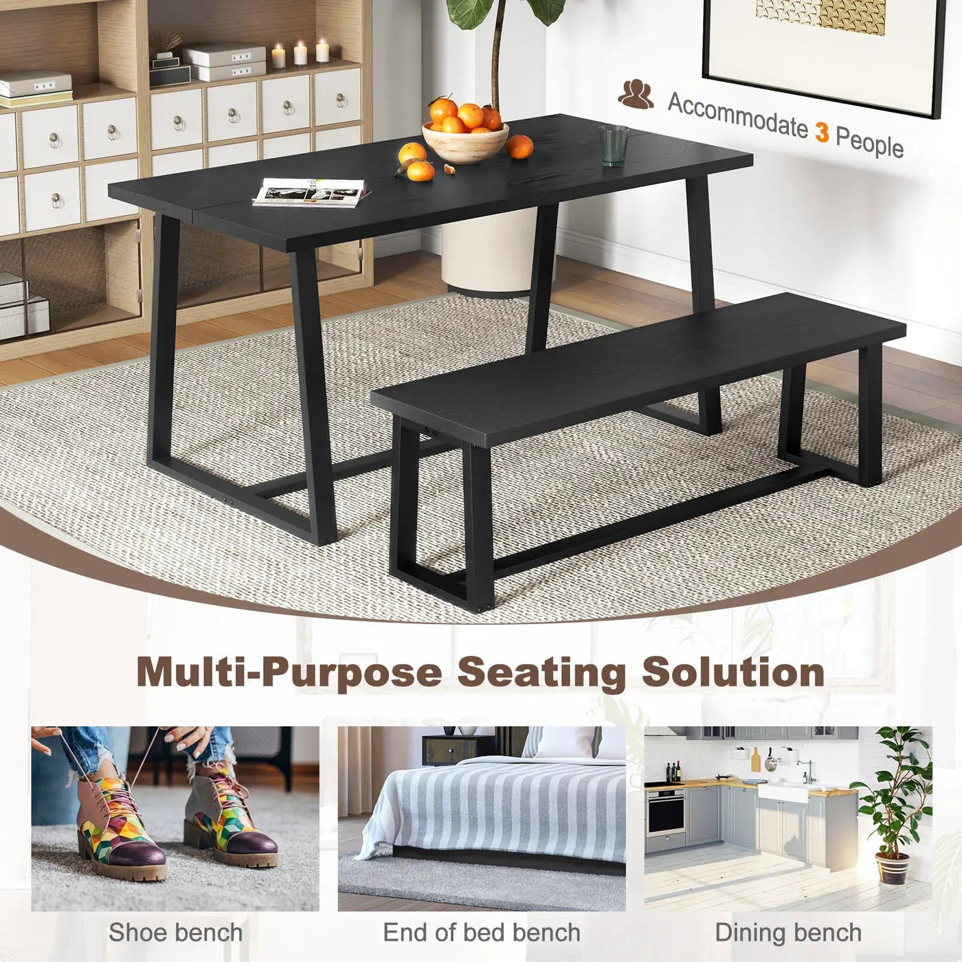 Wood Dining Bench with Metal Frame and Adjustable Footpads by DirectDeals