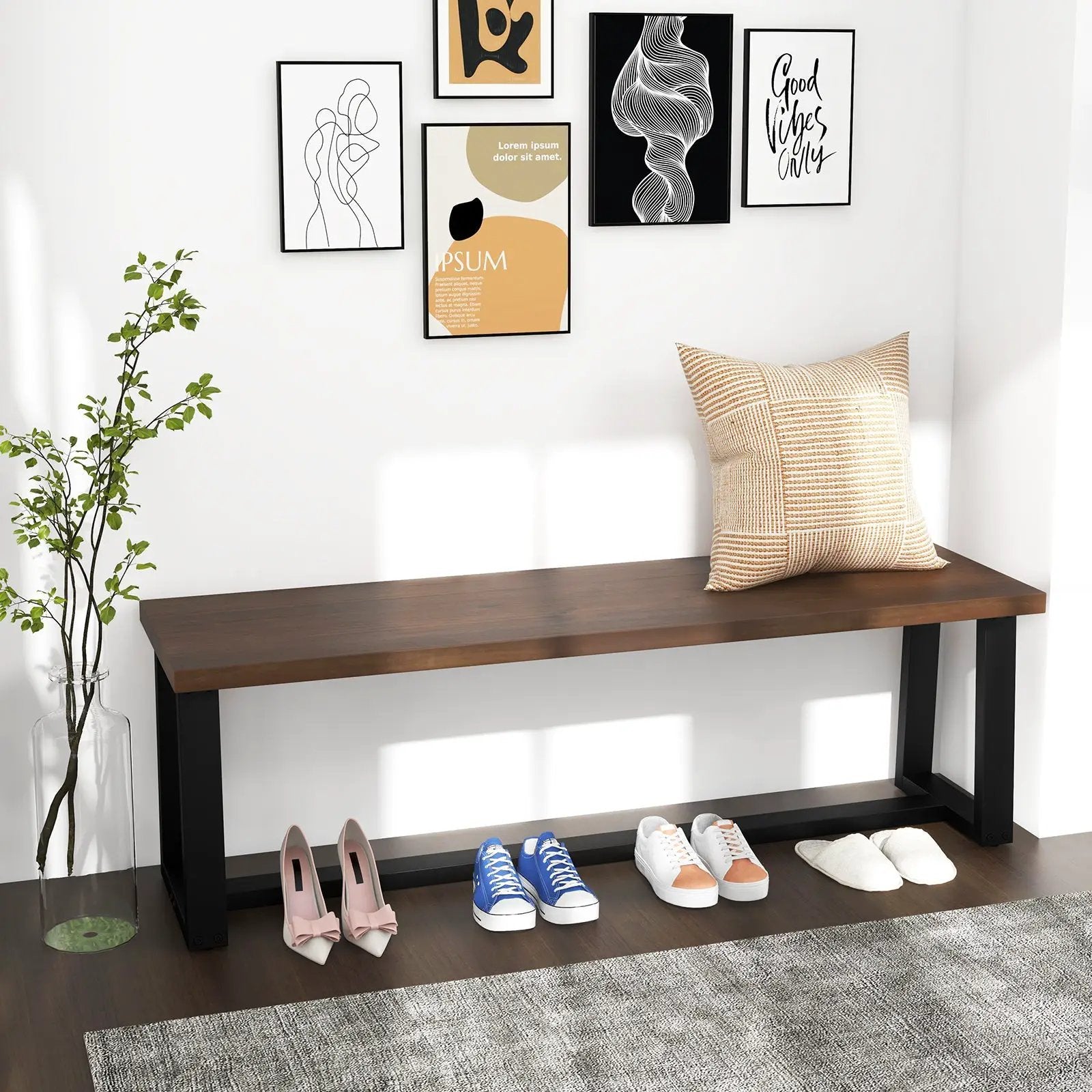 Wood Dining Bench with Metal Frame and Adjustable Footpads by DirectDeals