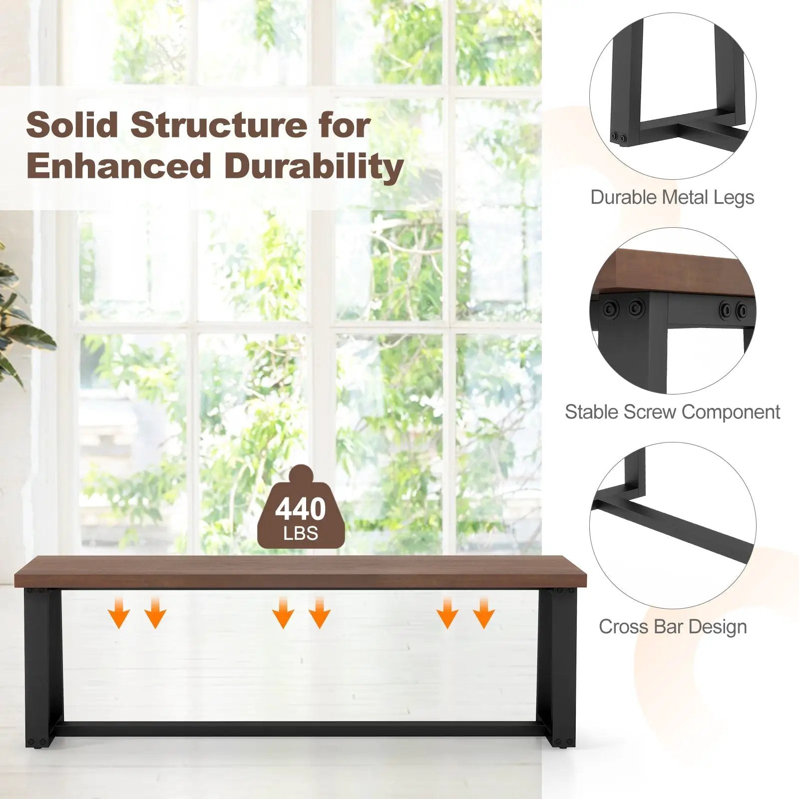 Wood Dining Bench with Metal Frame and Adjustable Footpads by DirectDeals