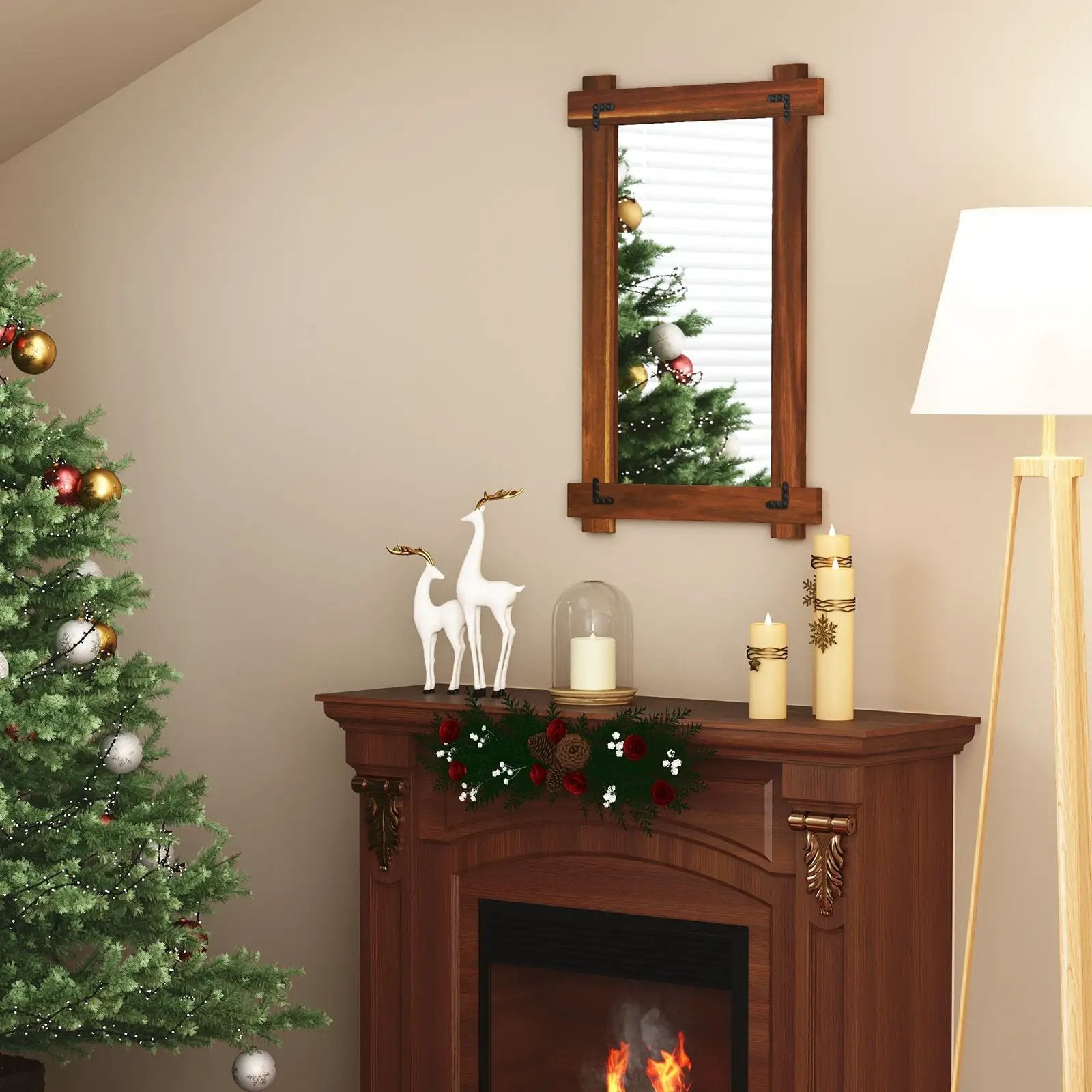 Wood Framed Mirror with Acacia Wood Frame and Vintage Rivet Design Brown by DirectDeals