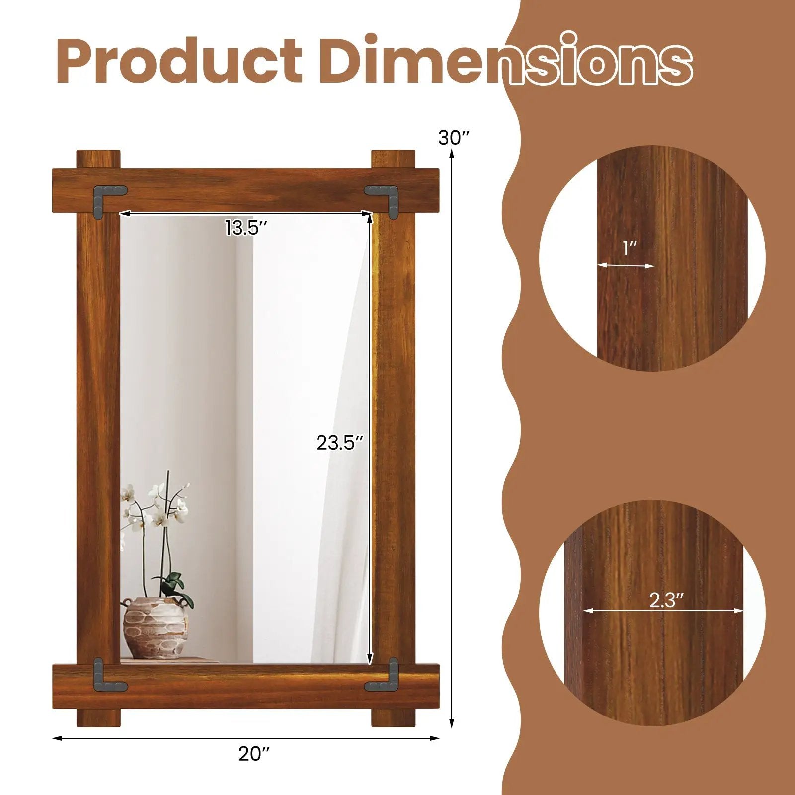 Wood Framed Mirror with Acacia Wood Frame and Vintage Rivet Design Brown by DirectDeals