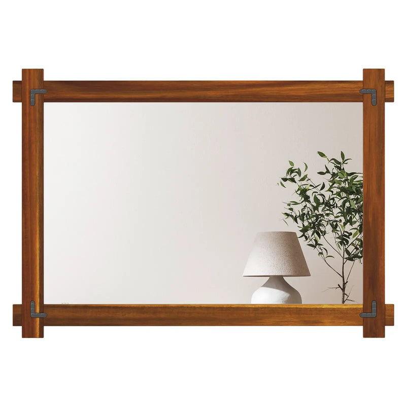 Wood Framed Mirror with Acacia Wood Frame and Vintage Rivet Design Brown by DirectDeals