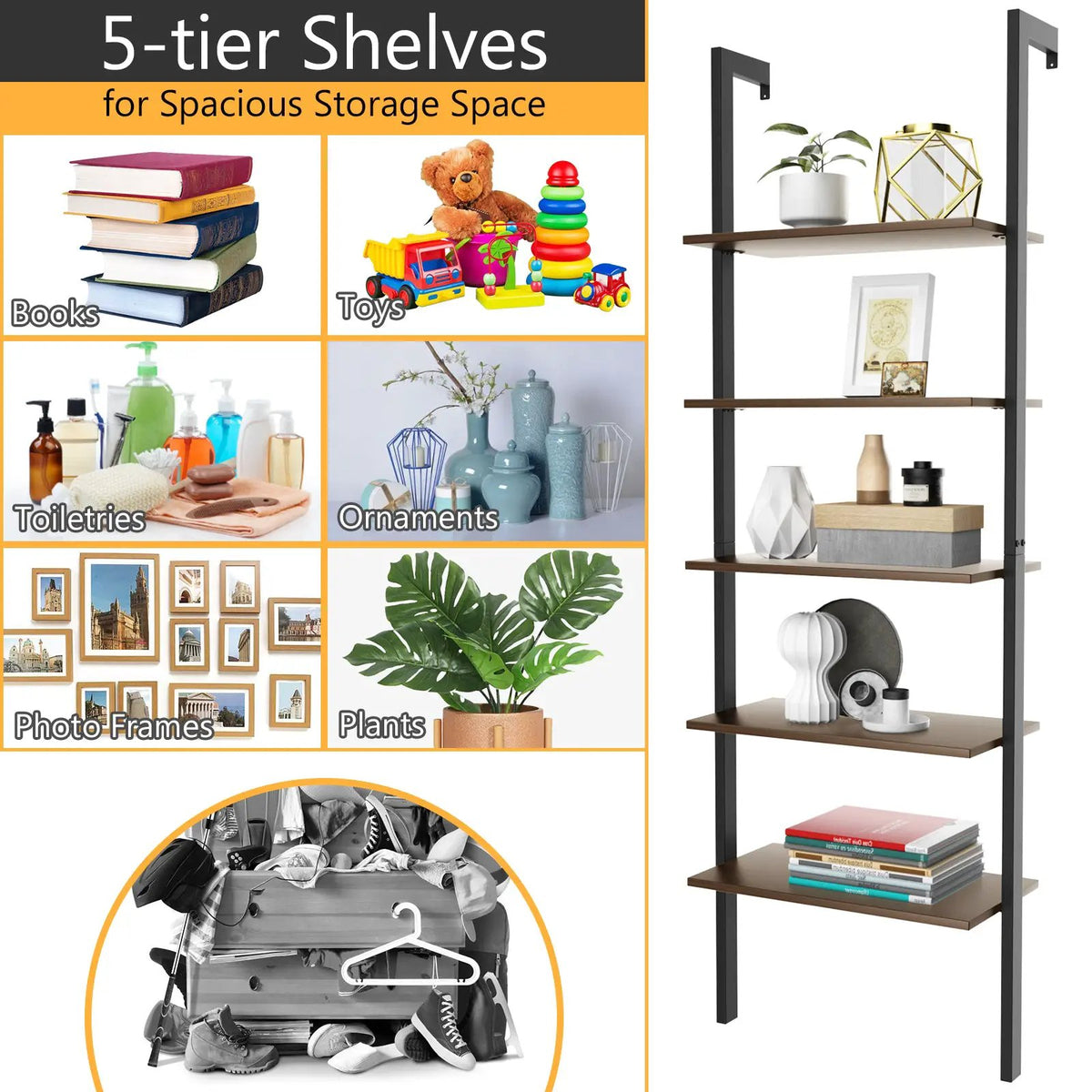 5-Tier Wood Look Ladder Shelf with Metal Frame for Home, photo 7 of 11