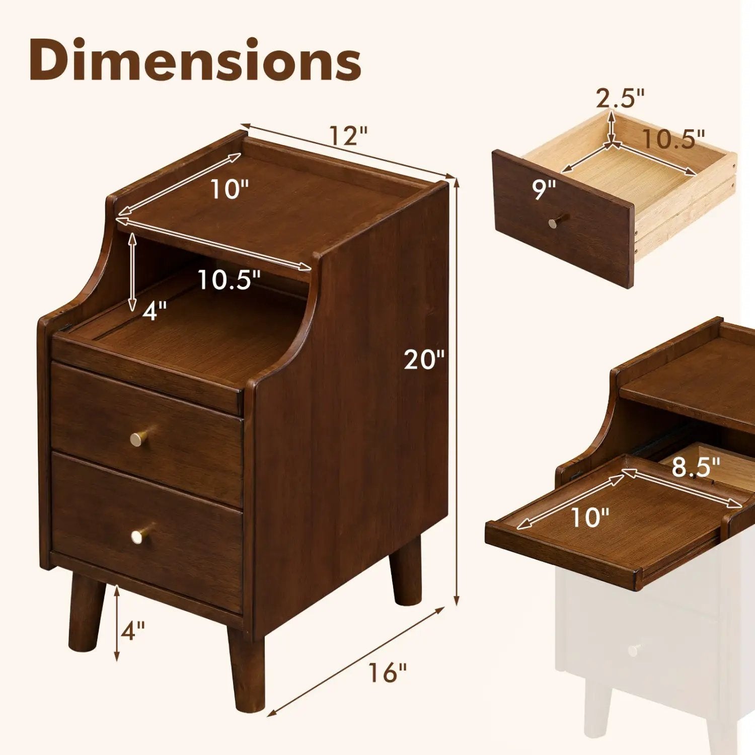 Wood Nightstand Set of 2 with Drawers and Solid Wood Legs by DirectDeals