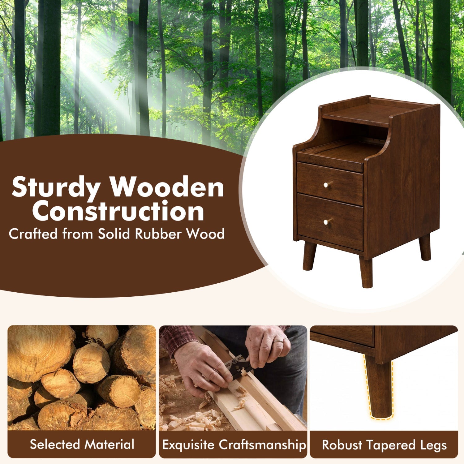 Wood Nightstand Set of 2 with Drawers and Solid Wood Legs by DirectDeals